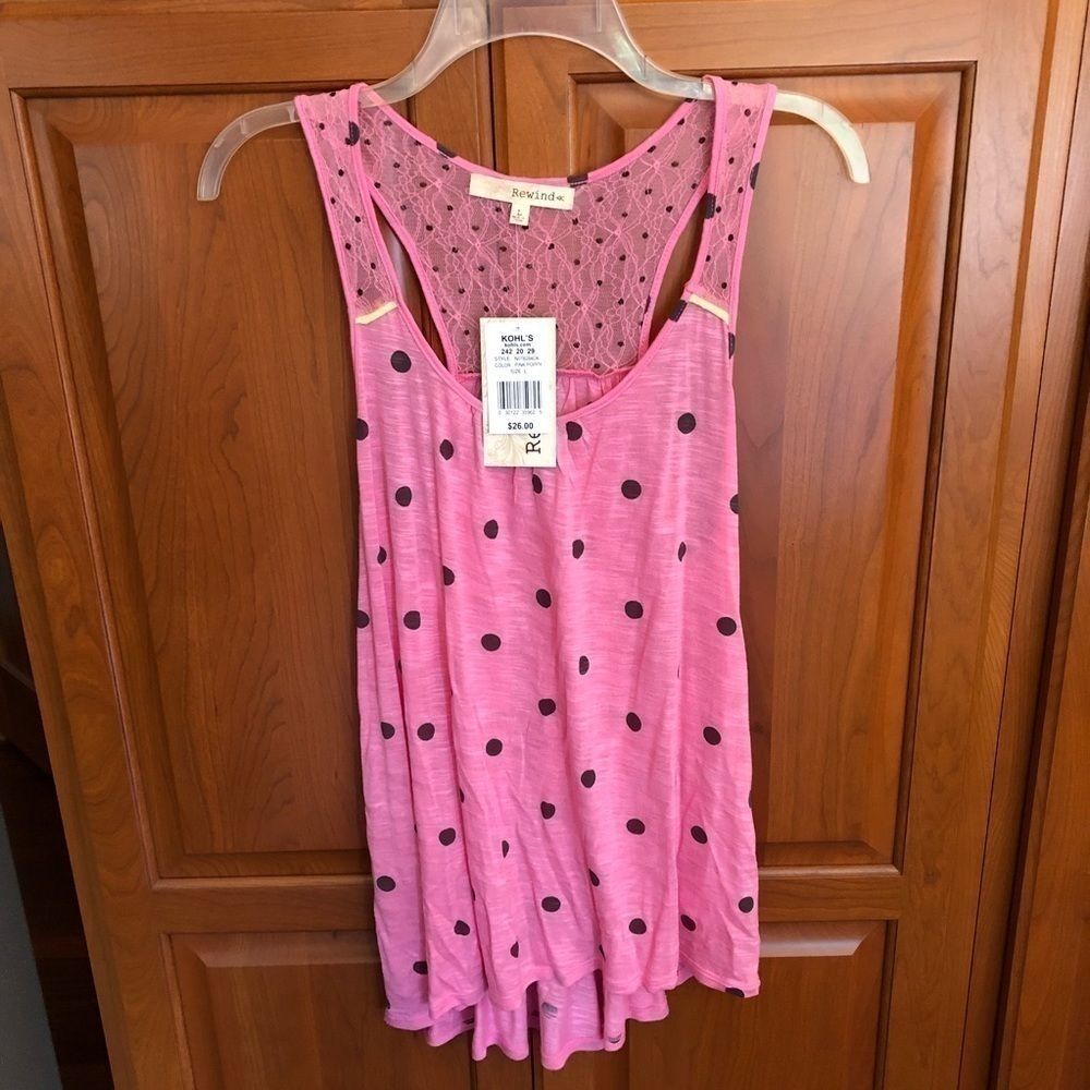 Pink & Black Polka Dot Lace-Back Tank Top – Size Large